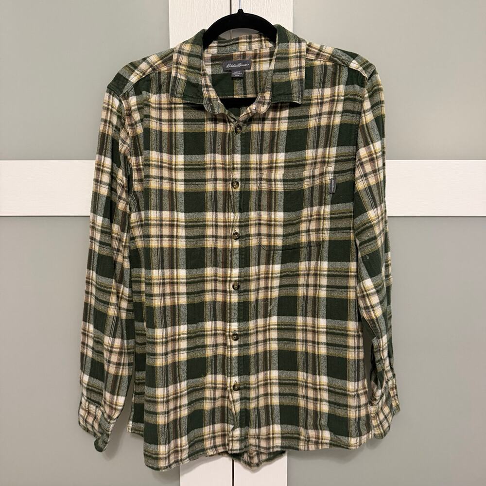 Eddie Bauer Green Plaid Flannel Button Up Shirt Womens Medium Roll Tab Sleeve
